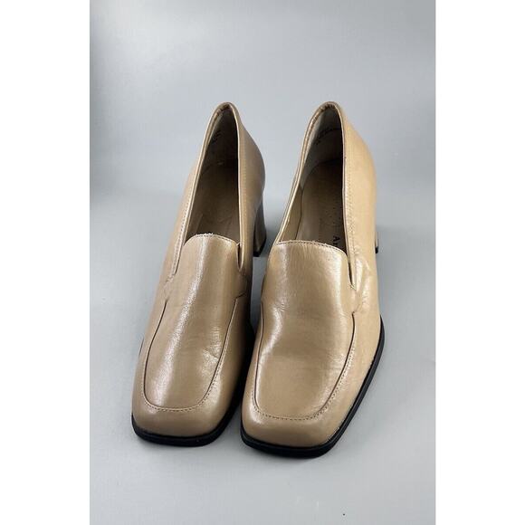 Ann Kristal Size 7.5M Leather Square Toe Nude Tan Block Heel Shoes - Picture 3 of 9